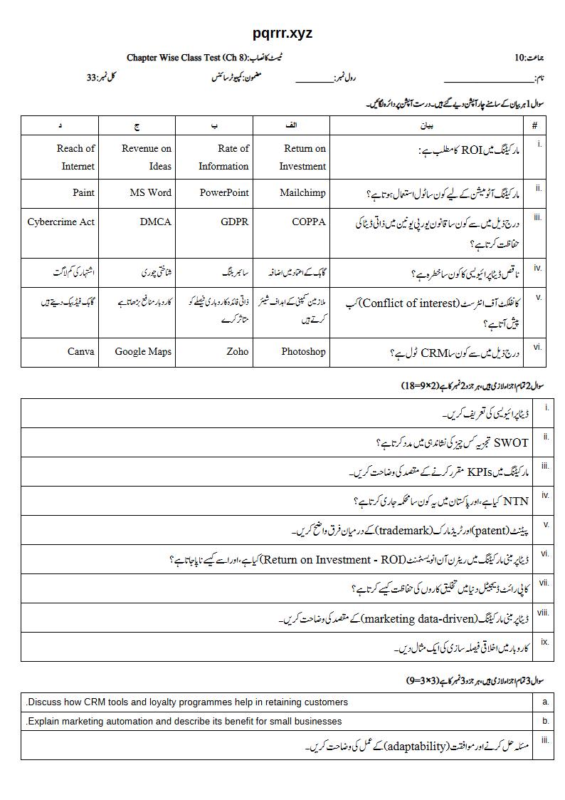First page of 10th Computer Science – Chapter 8 – Digital Entrepreneurship – Chapter Wise Class Test, 30 marks (Urdu)