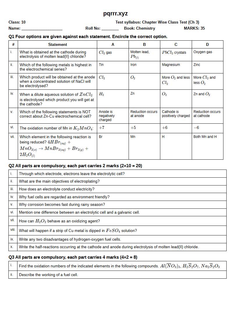 First page of 10th Chemistry – Chapter 3 – Electrochemistry – Chapter Wise Class Test, 35 marks (English)