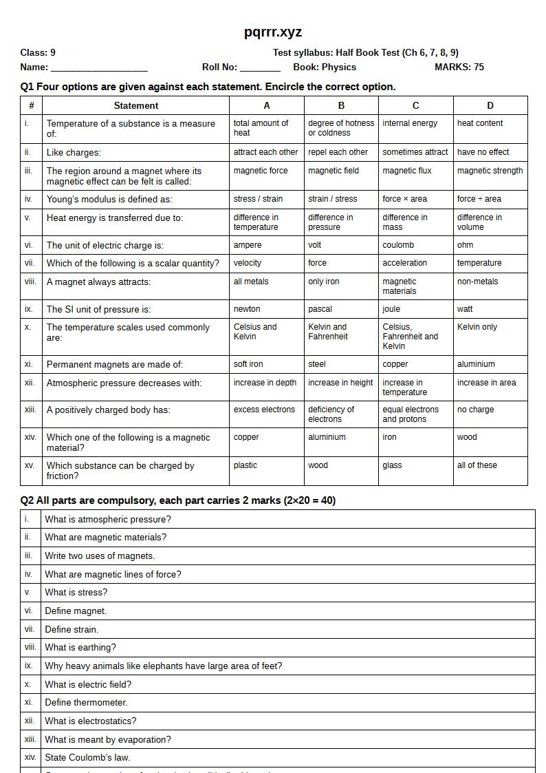 First page of 9th Physics – Half book (Chapters 6–9) – Half Book Test, 75 marks (English)