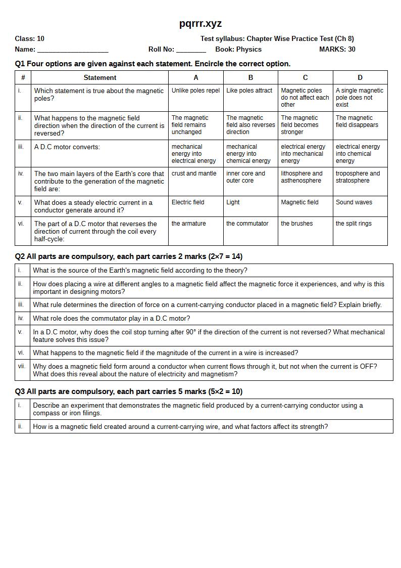 First page of 10th Physics – Chapter 8 – Electromagnetism – Chapter Wise Practice Test, 30 marks (English)