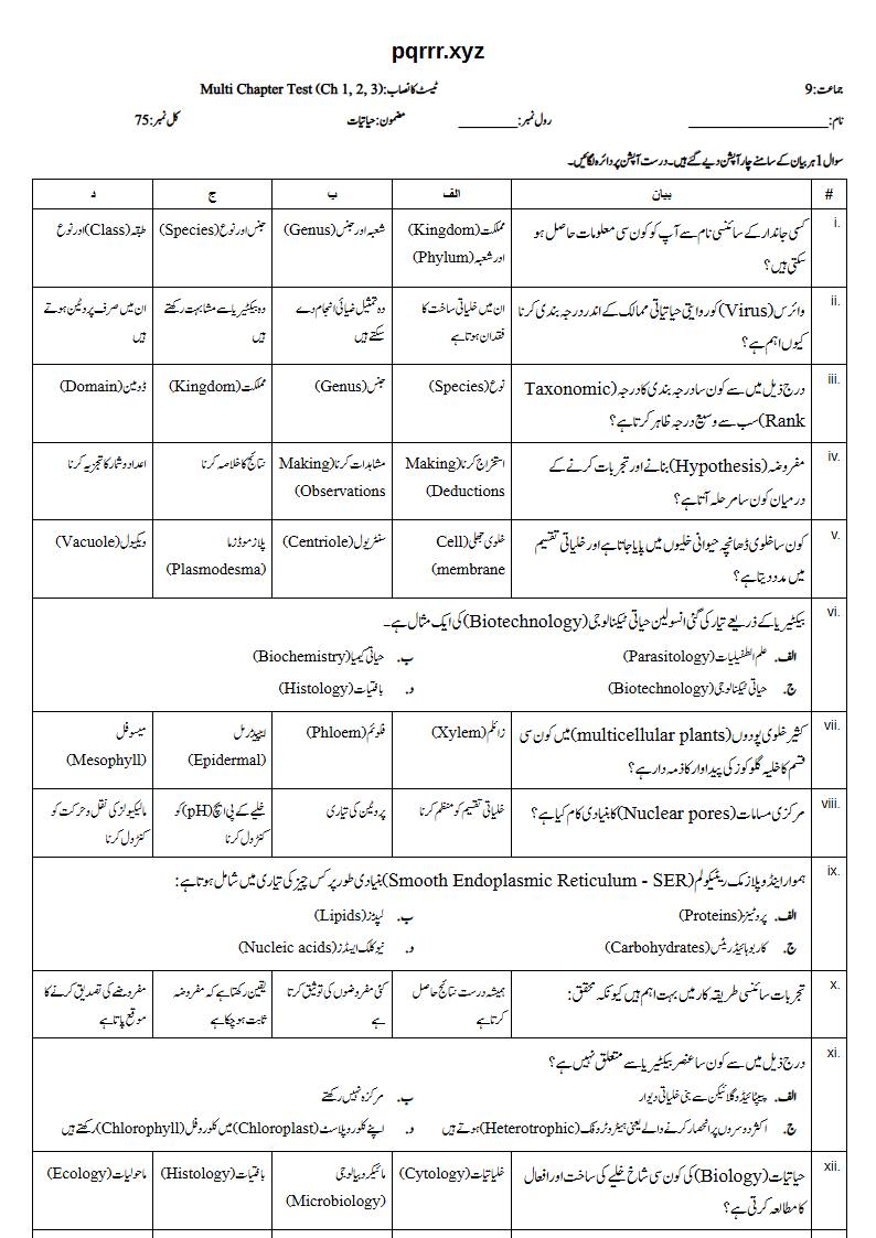 First page of 9th Biology – Chapters 1–3 – Multi Chapter Test, 75 marks (Urdu)