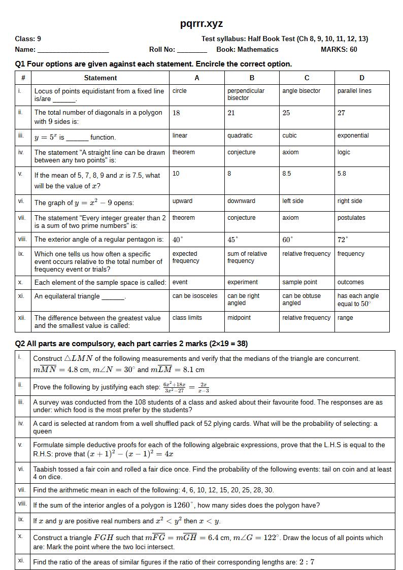 First page of 9th Mathematics – Half book (Chapters 8–13) – Half Book Test, 60 marks (English)