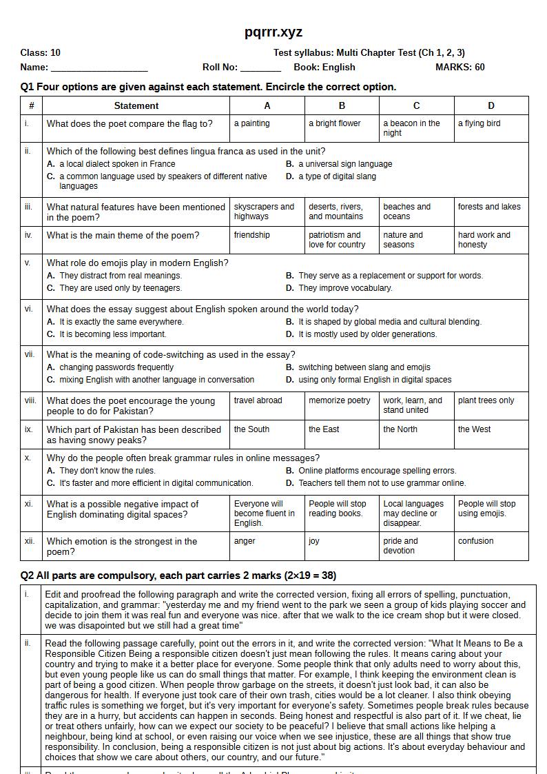 First page of 10th English – Chapters 1–3 – Multi Chapter Test, 60 marks (English)