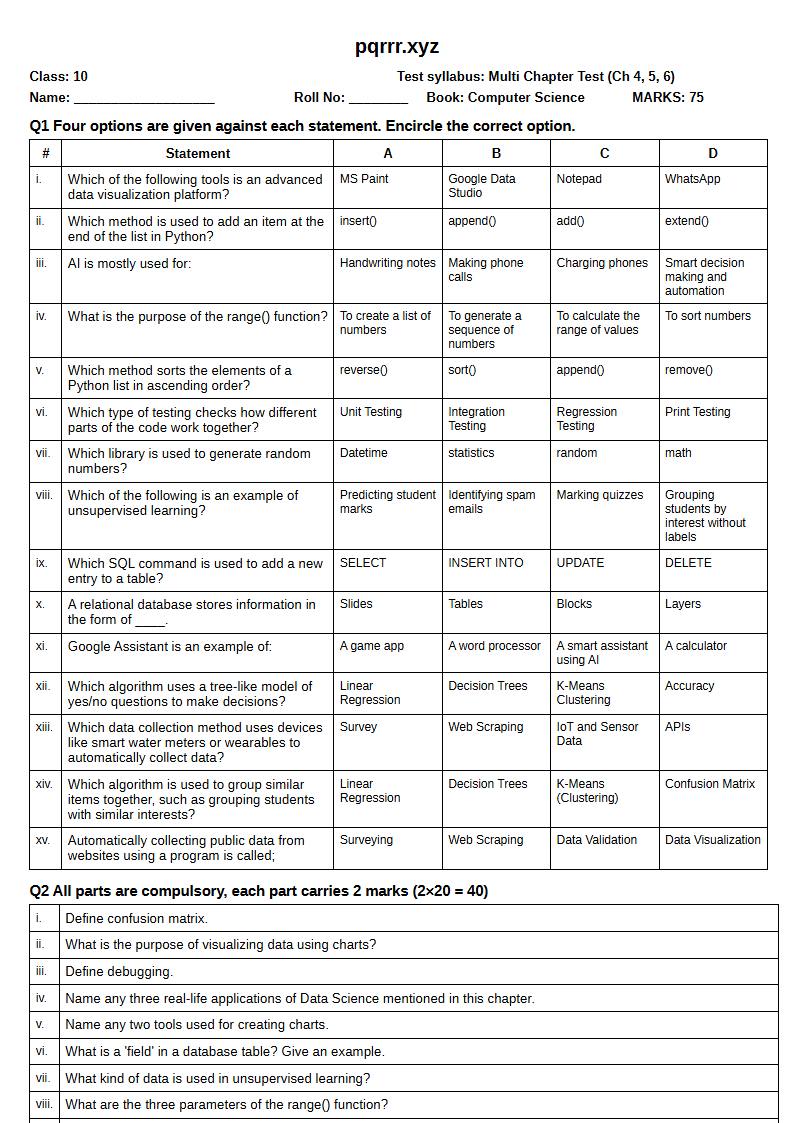 First page of 10th Computer Science – Chapters 4–6 – Multi Chapter Test, 75 marks (English)