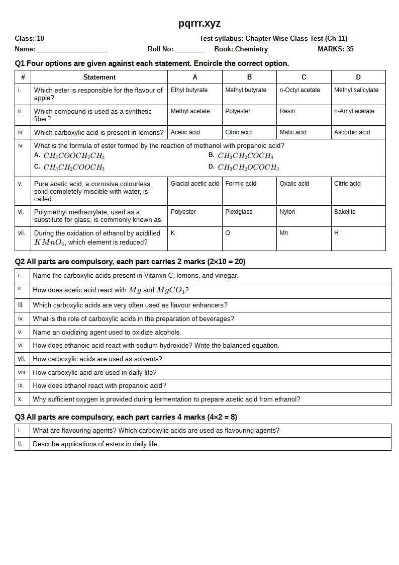 First page of 10th Chemistry – Chapter 11 – Carboxylic Acids – Chapter Wise Class Test, 35 marks (English)