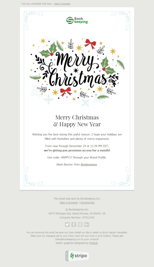 Christmas Email Template "Sincere Congratulations" for Finance industry