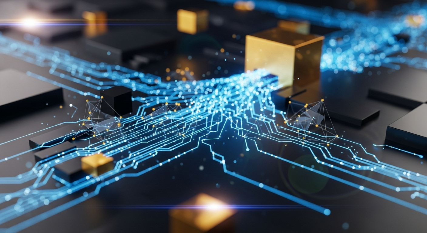 Abstraktes, futuristisches Bild zu digitaler Währung in Blau und Gold