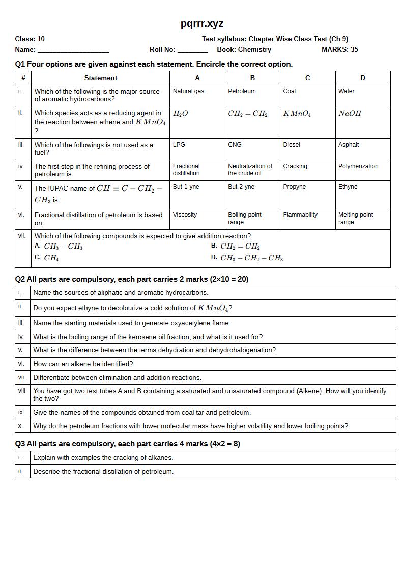 First page of 10th Chemistry – Chapter 9 – Hydrocarbons – Chapter Wise Class Test, 35 marks (English)