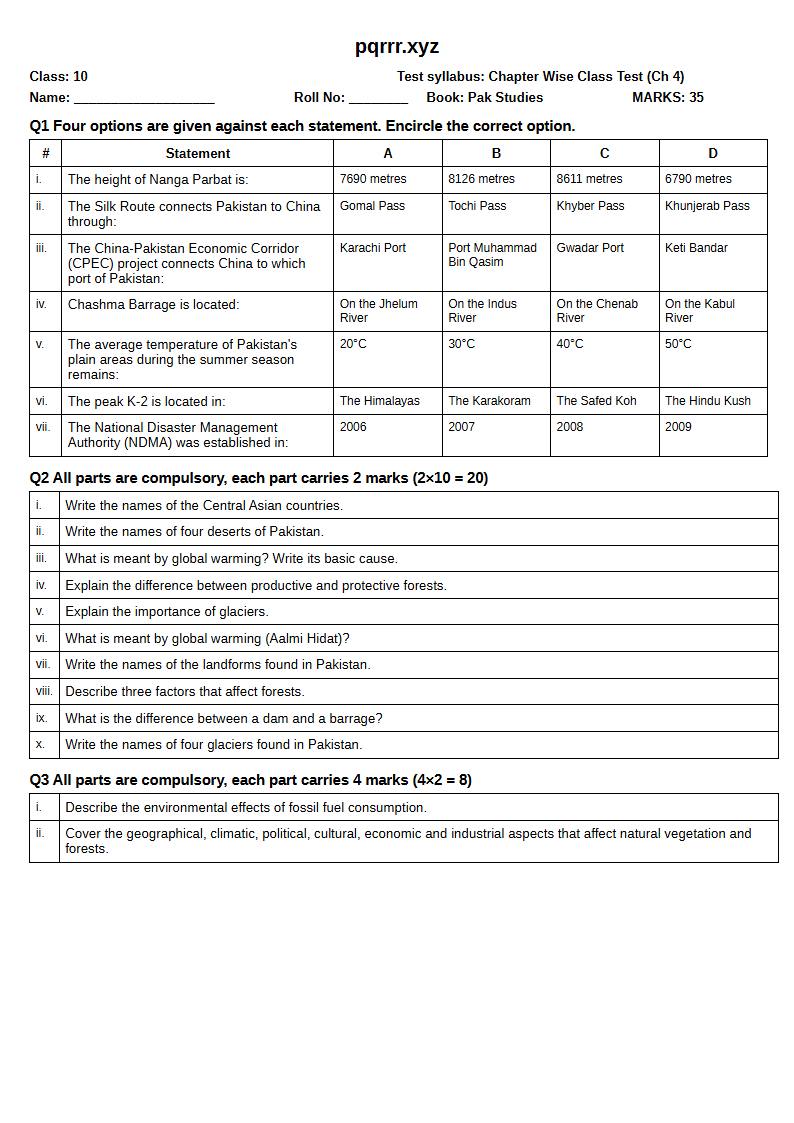 First page of 10th Pak Studies – Chapter 4 – پاکستان کا جغرافیہ – Chapter Wise Class Test, 35 marks (English)
