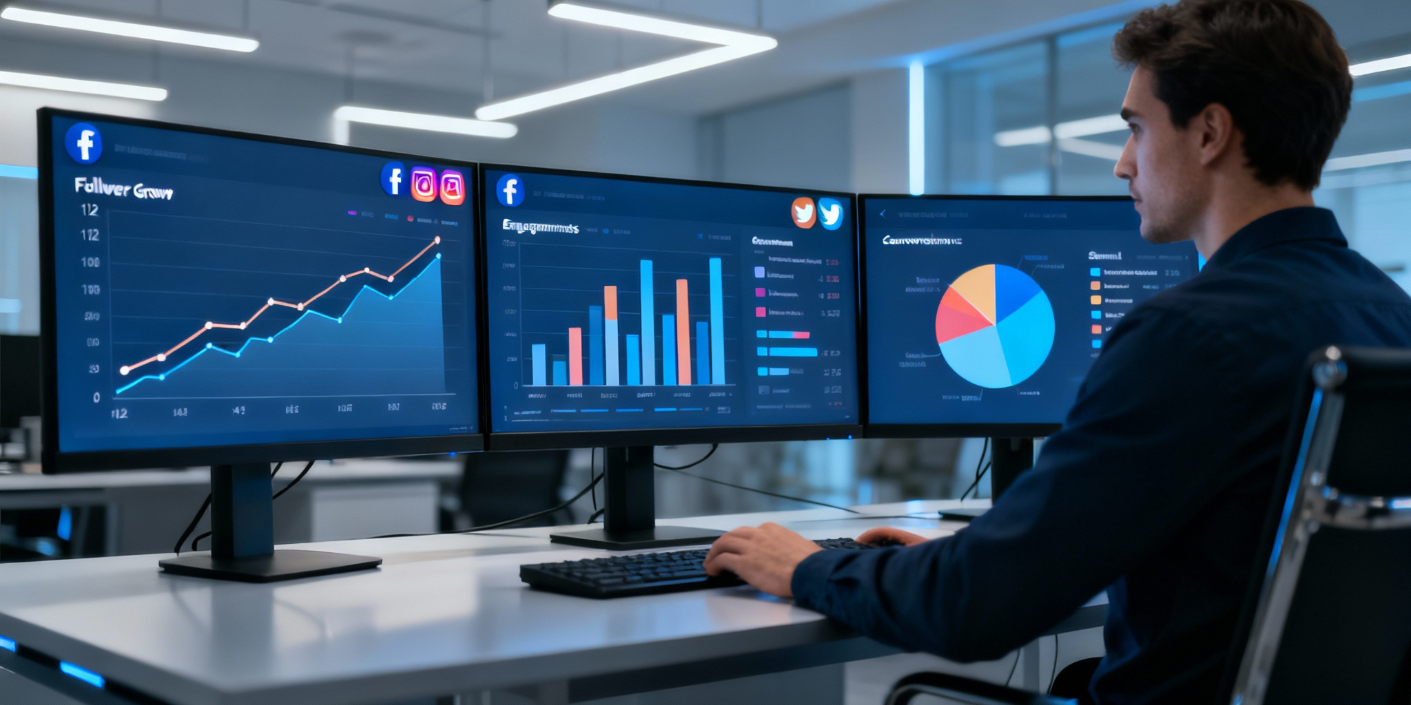 Analyzing Social Media Analytics A digital marketer analyzing social media analytics on multiple screens showing graphs and charts.
