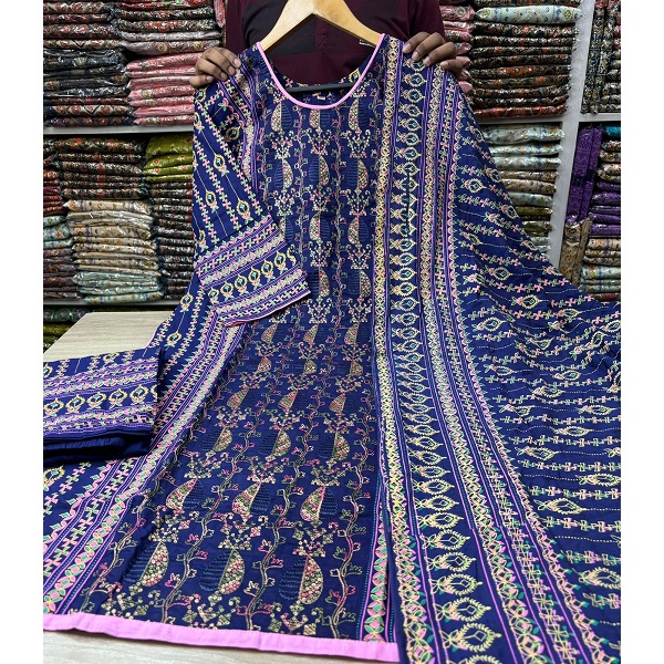 BDyana Slab Cotton Embroidery Work Threepieces | Slab Cotton Embroidery Work Threepieces Size: 36-46 Fabrics: Cotton Color: White & Deep Blue, Work: Embroidery Work