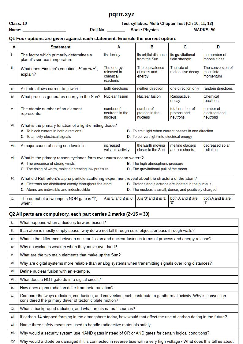 First page of 10th Physics – Chapters 10–12 – Multi Chapter Test, 50 marks (English)