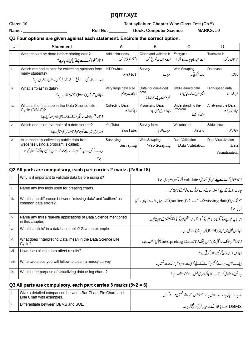 First page of 10th Computer Science – Chapter 5 – Introduction to Data Science – Chapter Wise Class Test, 30 marks (English + Urdu)