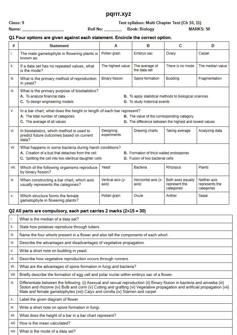 First page of 9th Biology – Chapters 10–11 – Multi Chapter Test, 50 marks (English)