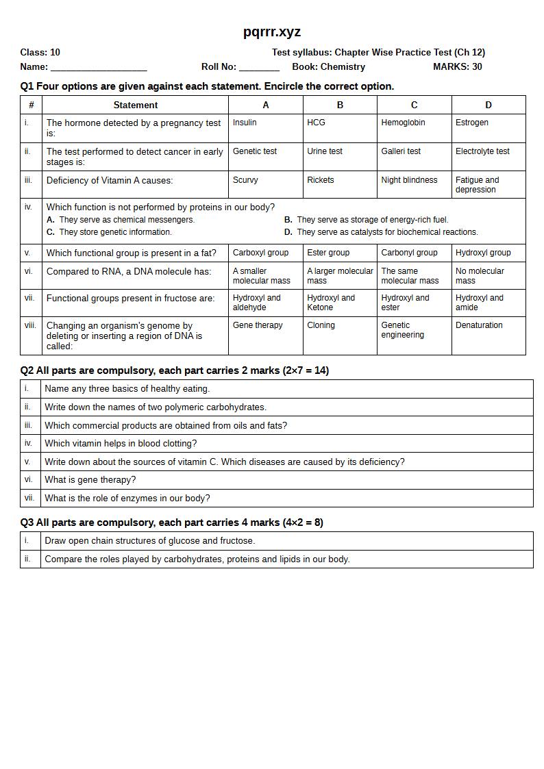 First page of 10th Chemistry – Chapter 12 – Biochemistry – Chapter Wise Practice Test, 30 marks (English)