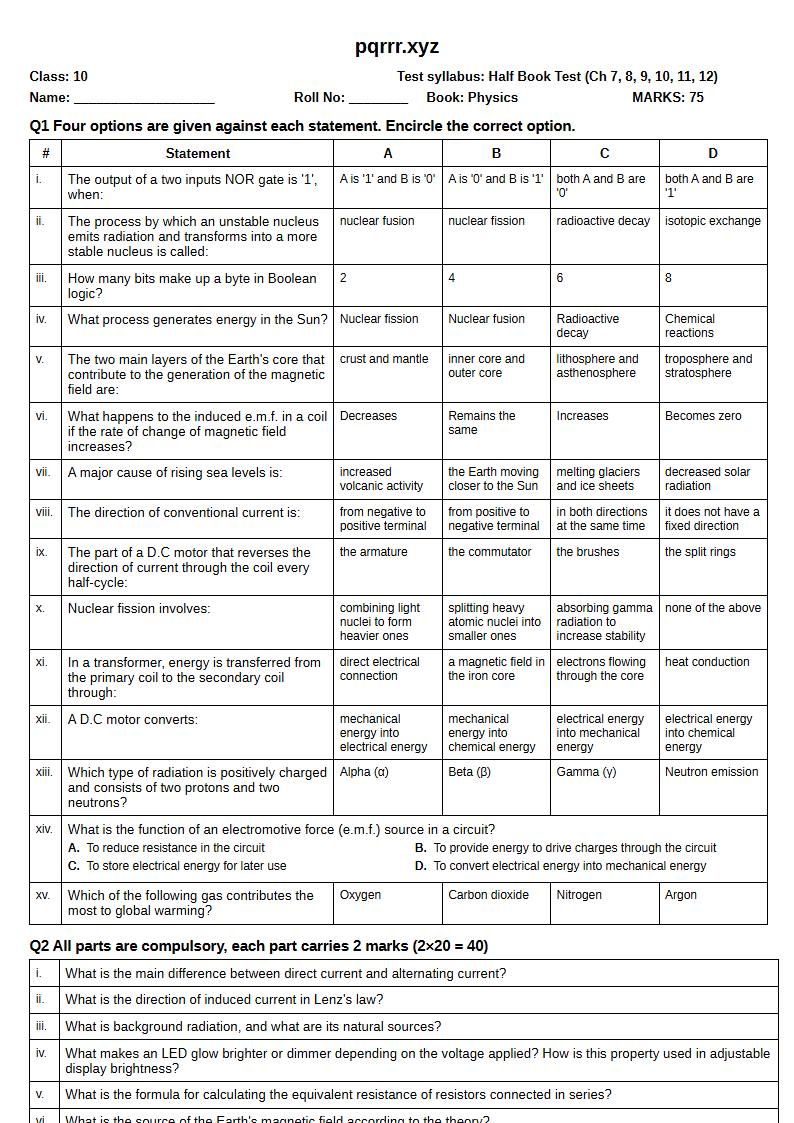 First page of 10th Physics – Half book (Chapters 7–12) – Half Book Test, 75 marks (English)