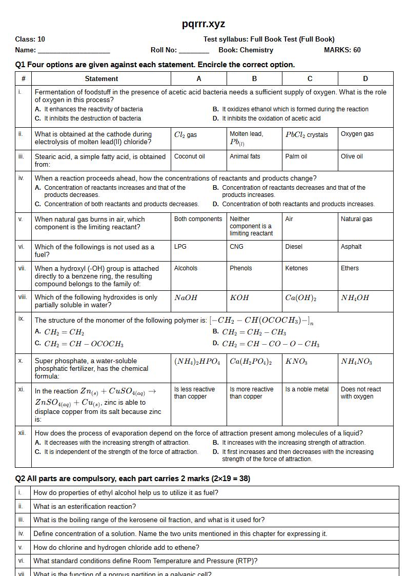 First page of 10th Chemistry – Complete book – Full Book Test, 60 marks (English)