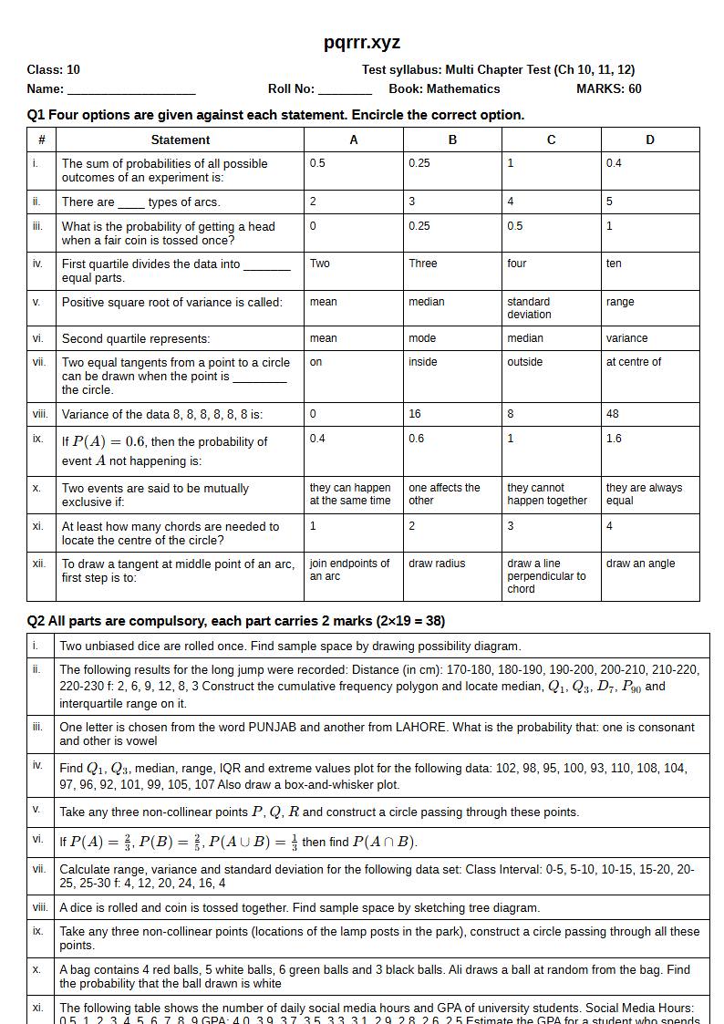 First page of 10th Mathematics – Chapters 10–12 – Multi Chapter Test, 60 marks (English)