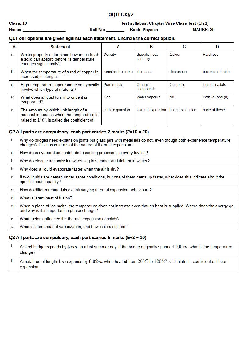 First page of 10th Physics – Chapter 1 – Thermal Physics – Chapter Wise Class Test, 35 marks (English)