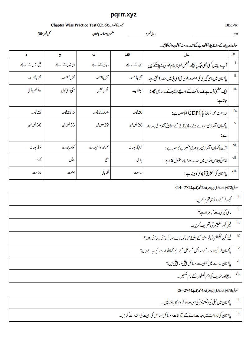 First page of 10th Pak Studies – Chapter 6 – پاکستان کے وسائل اور معاشی ترقی – Chapter Wise Practice Test, 30 marks (Urdu)
