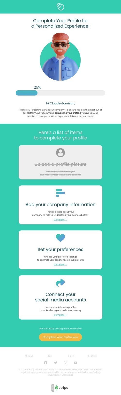 SaaS email template "Complete your profile" for software & technology industry