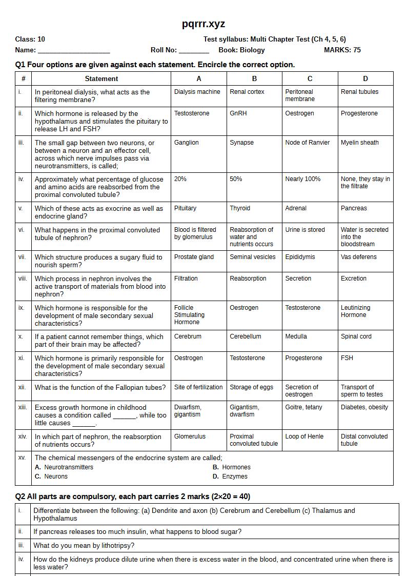 First page of 10th Biology – Chapters 4–6 – Multi Chapter Test, 75 marks (English)
