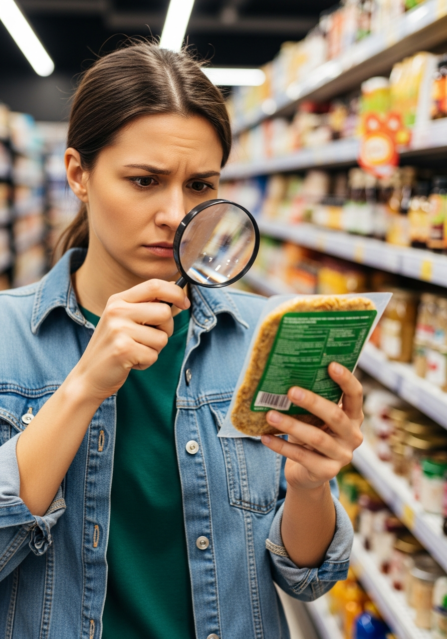 Person examining food label in supermarket