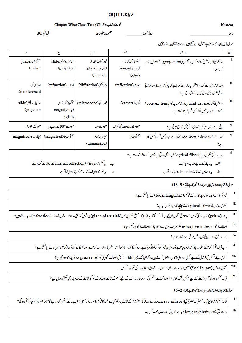 First page of 10th Physics – Chapter 5 – Light – Chapter Wise Class Test, 30 marks (Urdu)