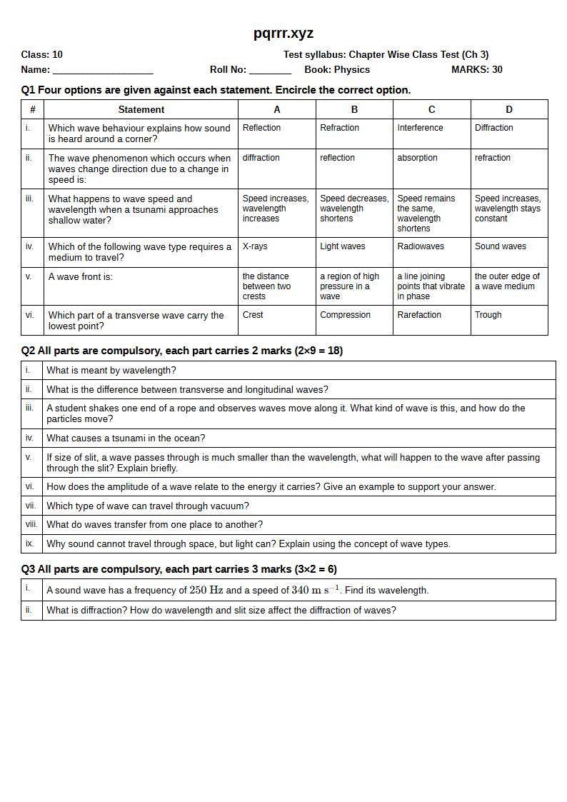 First page of 10th Physics – Chapter 3 – Waves – Chapter Wise Class Test, 30 marks (English)