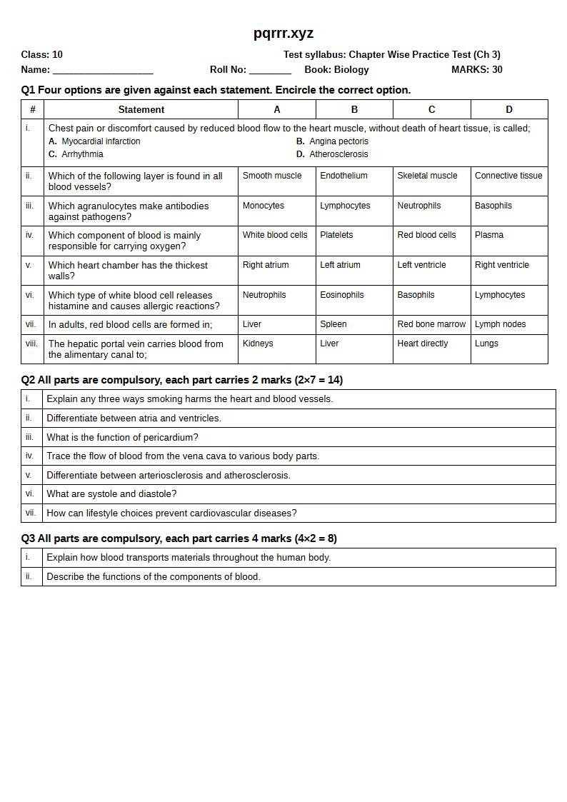 First page of 10th Biology – Chapter 3 – Human Blood Circulatory System – Chapter Wise Practice Test, 30 marks (English)