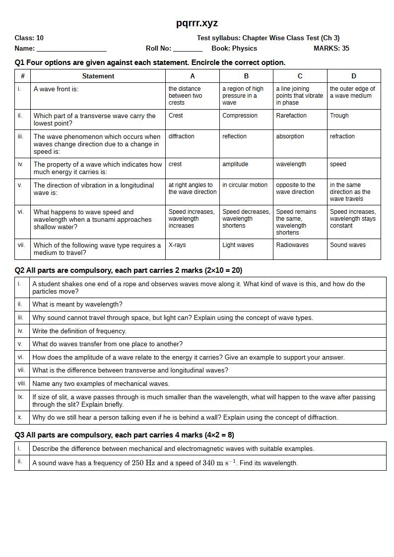 First page of 10th Physics – Chapter 3 – Waves – Chapter Wise Class Test, 35 marks (English)