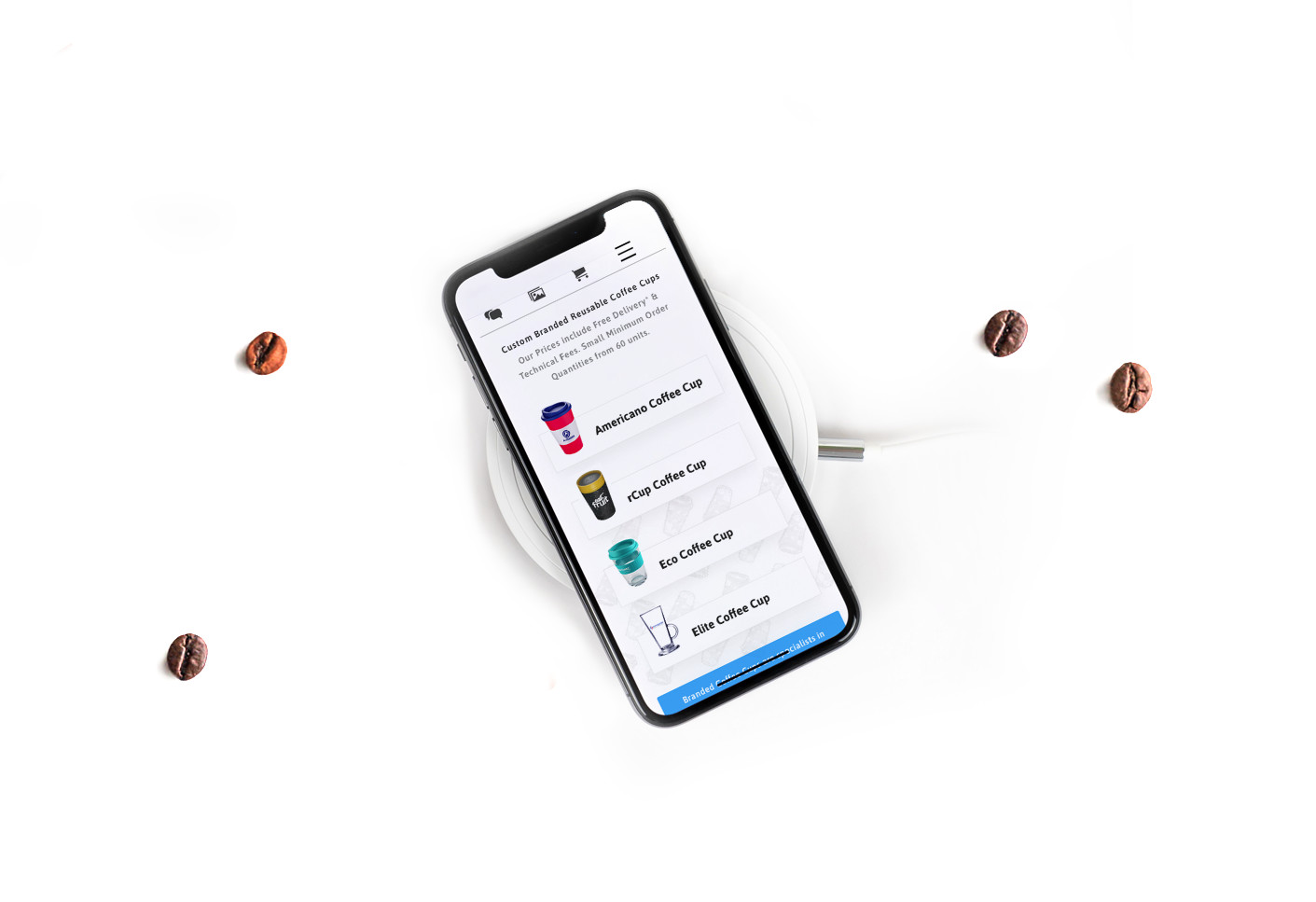 coffeecups case study mobile view with coffee beans