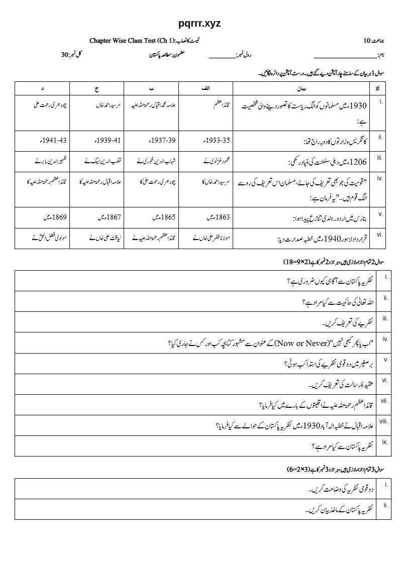 First page of 10th Pak Studies – Chapter 1 – پاکستان کی نظریاتی اساس – Chapter Wise Class Test, 30 marks (Urdu)