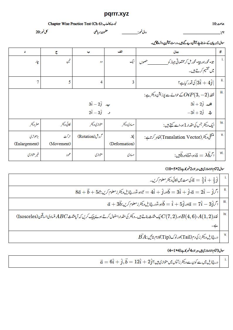 First page of 10th Mathematics – Chapter 6 – Vectors in Plane – Chapter Wise Practice Test, 20 marks (Urdu)