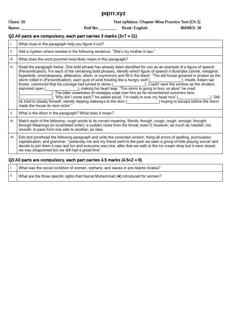 First page of 10th English – Chapter 1 – Hazrat Muhammad's (ﷺ) Social Reforms for the Rights of Women, Orphans and Slaves – Chapter Wise Practice Test, 30 marks (English)