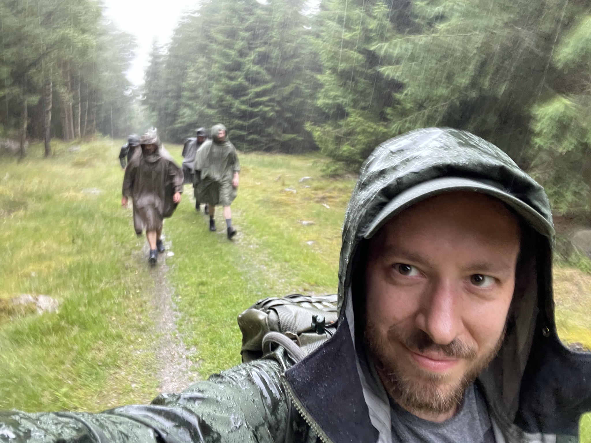 Rucking in the rain along a forest trail.