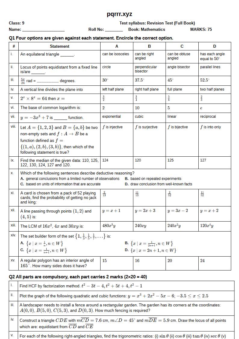 First page of 9th Mathematics – Complete book – Revision Test, 75 marks (English)