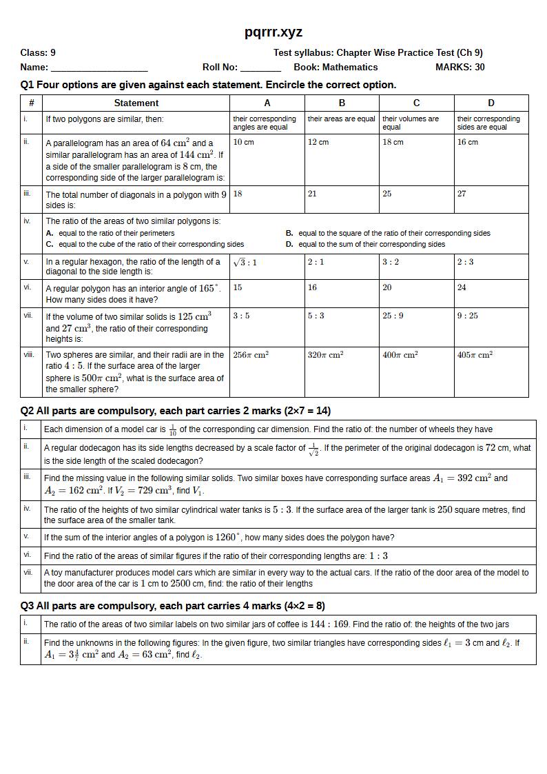 First page of 9th Mathematics – Chapter 9 – Similar Figures – Chapter Wise Practice Test, 30 marks (English)