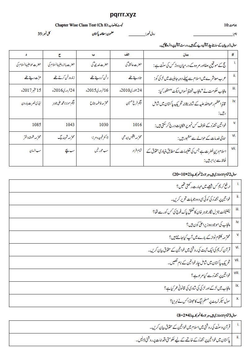 First page of 10th Pak Studies – Chapter 8 – پاکستان میں خواتین کو بااختیار بنانا – Chapter Wise Class Test, 35 marks (Urdu)