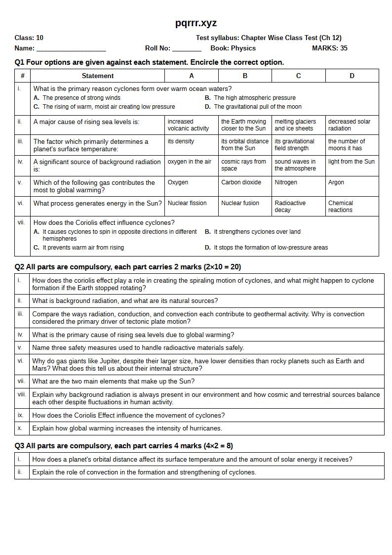 First page of 10th Physics – Chapter 12 – Space and Environment – Chapter Wise Class Test, 35 marks (English)