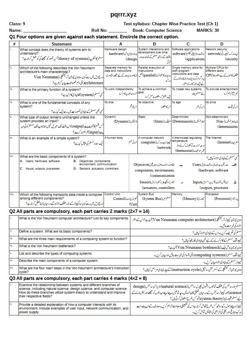 First page of 9th Computer Science – Chapter 1 – Computer System – Chapter Wise Practice Test, 30 marks (English + Urdu)