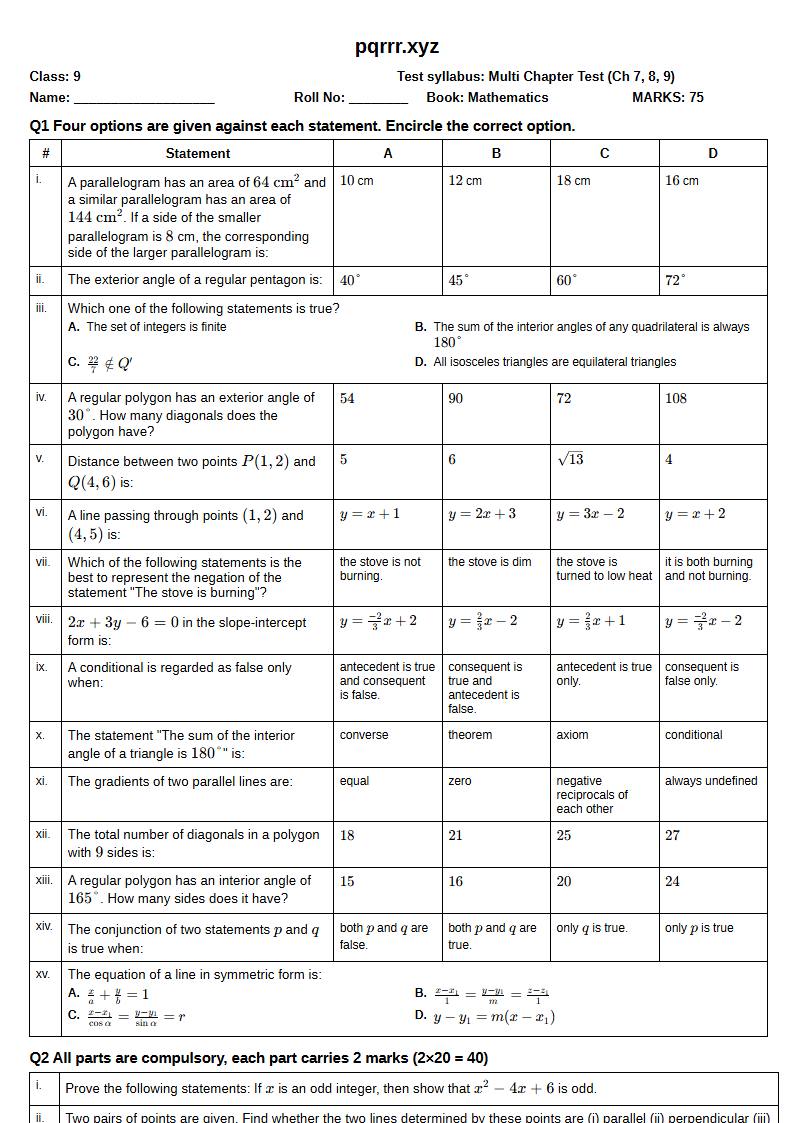 First page of 9th Mathematics – Chapters 7–9 – Multi Chapter Test, 75 marks (English)