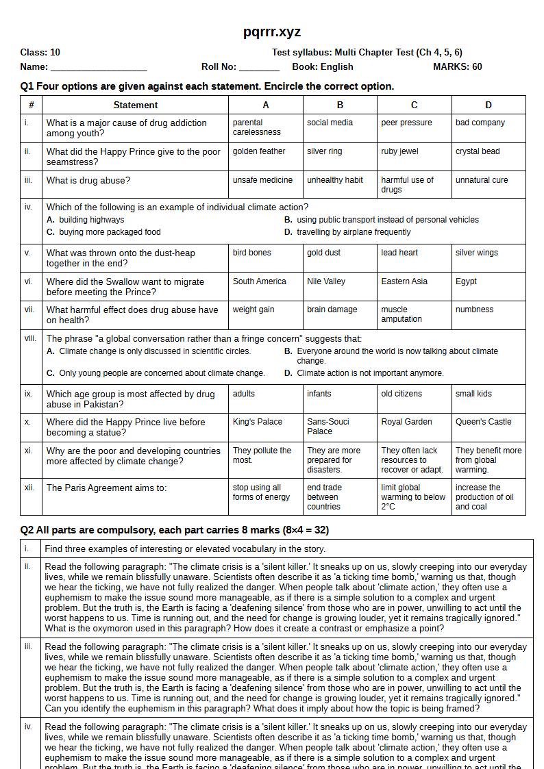First page of 10th English – Chapters 4–6 – Multi Chapter Test, 60 marks (English)
