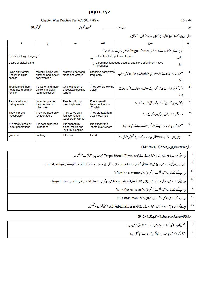 First page of 10th English – Chapter 3 – Digital Globalisation Transforming the English Language – Chapter Wise Practice Test, 30 marks (Urdu)