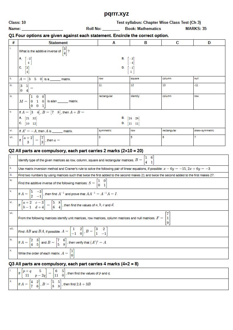 First page of 10th Mathematics – Chapter 3 – Matrices and Determinants – Chapter Wise Class Test, 35 marks (English)