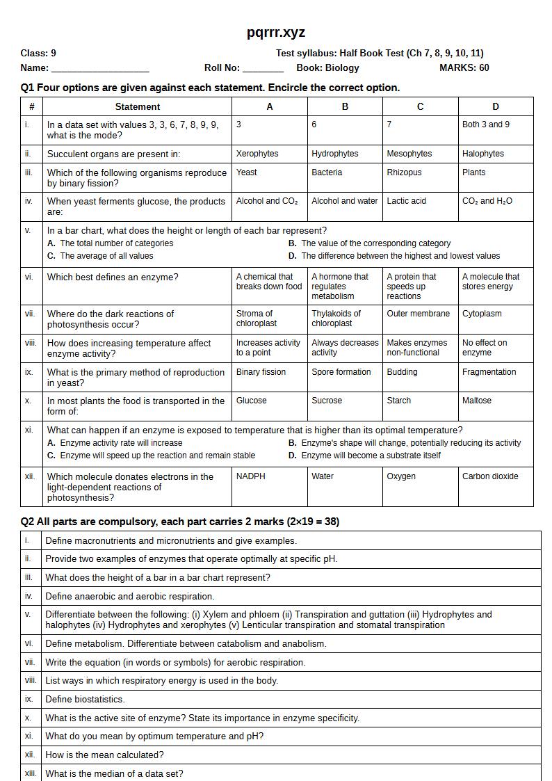 First page of 9th Biology – Half book (Chapters 7–11) – Half Book Test, 60 marks (English)