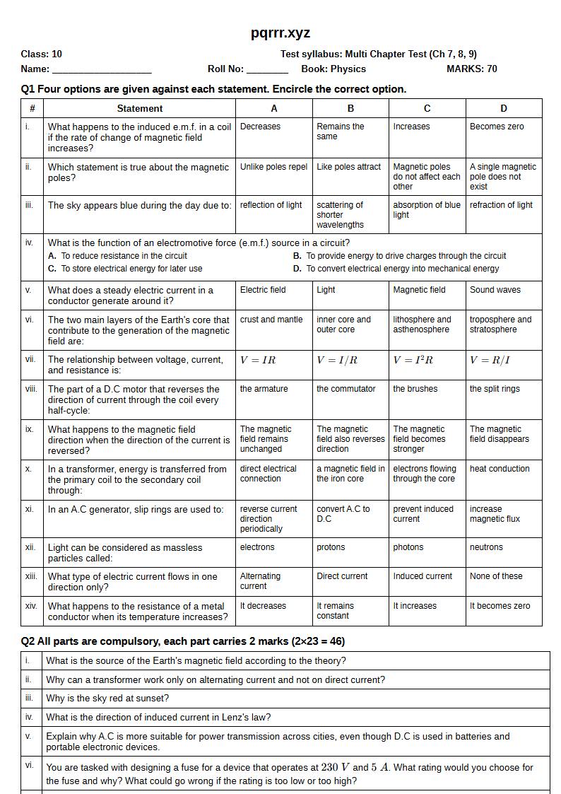 First page of 10th Physics – Chapters 7–9 – Multi Chapter Test, 70 marks (English)