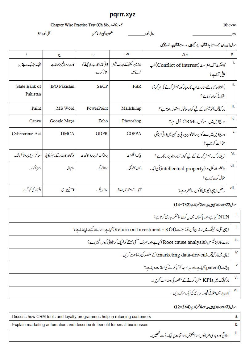 First page of 10th Computer Science – Chapter 8 – Digital Entrepreneurship – Chapter Wise Practice Test, 30 marks (Urdu)