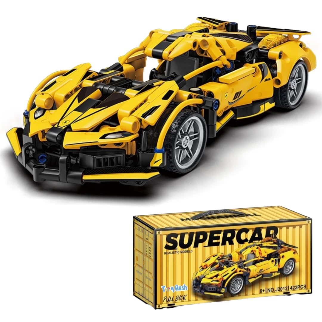 Toy Rush 1:18 Scale Pull Back Racing Car Building Block Set (422-520 PCS) | Creative Assembly Toy for Collectors & Enthusiasts | Compatible Brick Model Kit for Racing Fans (Yellow Ferrari (422pcs))