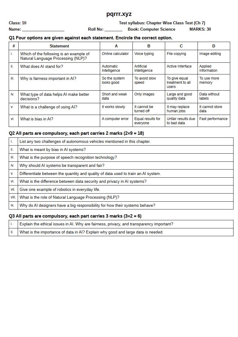 First page of 10th Computer Science – Chapter 7 – Applications of AI – Chapter Wise Class Test, 30 marks (English)